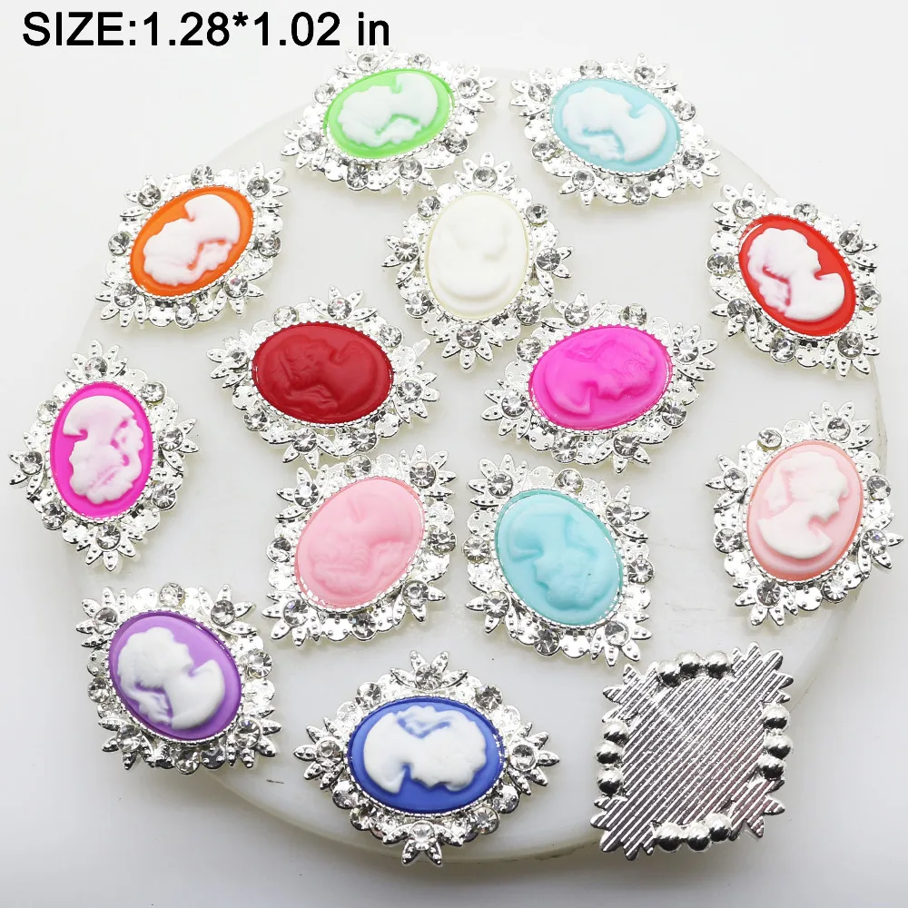 

10pcs/lot 25mm*32mm Beauty Head Button Jewerly Metal Acrylic Button Diamond Flatback for Wedding Hair Ribbon Craft Decoration