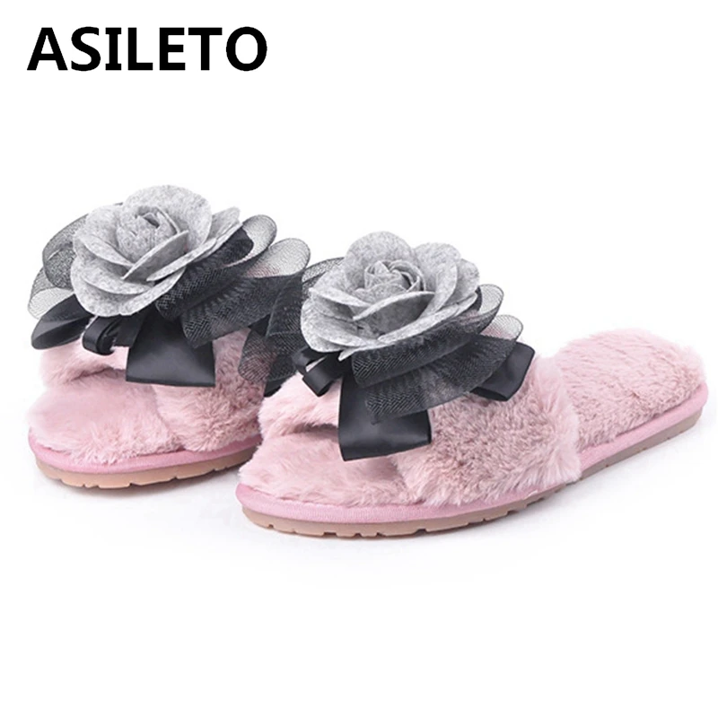 

ASILETO 3D flower fur sandals flat heel warm plush home slippers pearl decoration fur flip flops ladies winter shoes woman T269