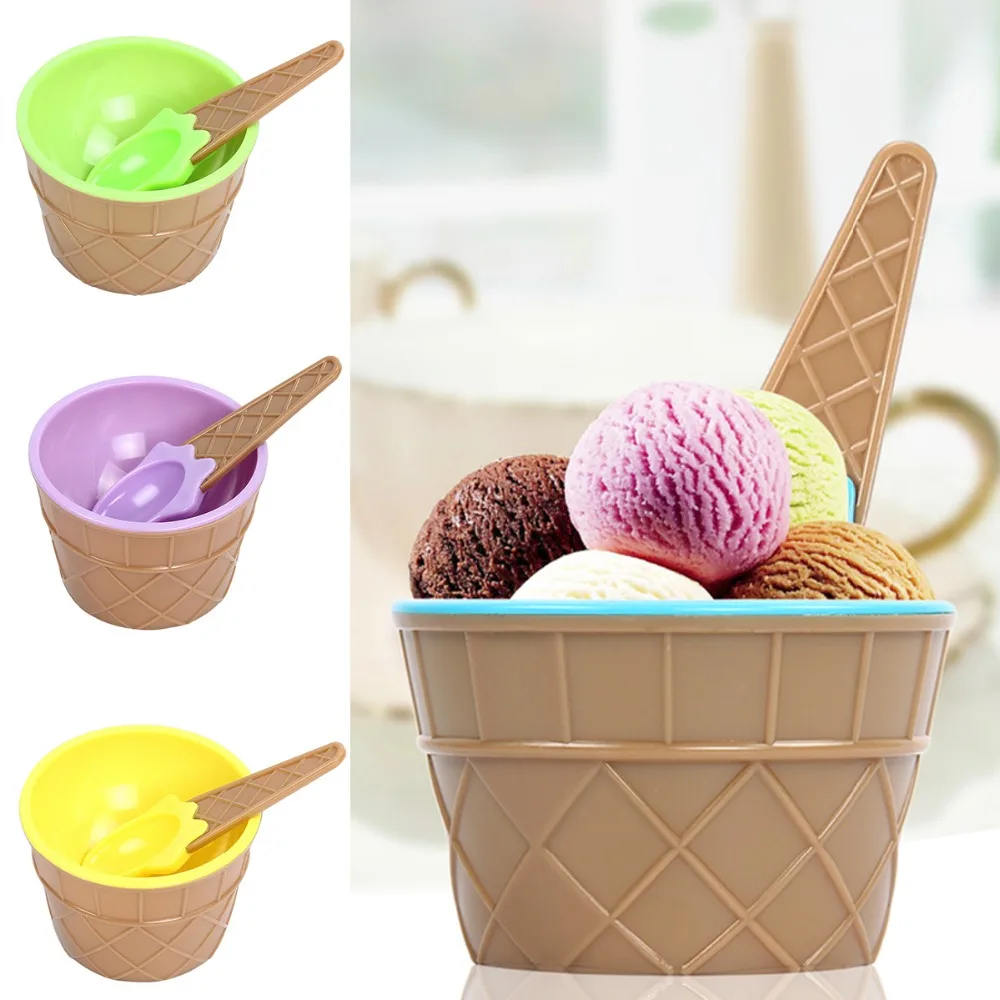 1 Set Children's Plastic Ice Cream Bowl Spoon Set Durable Ice Cream Cup