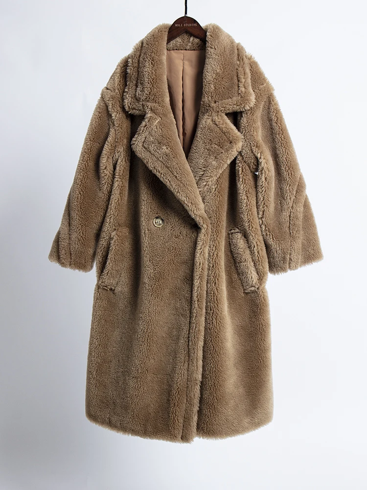 new real sheep fur coat long style camel teddy bear icon coat Oversized Parka Thick Warm Outerwear winter women coat