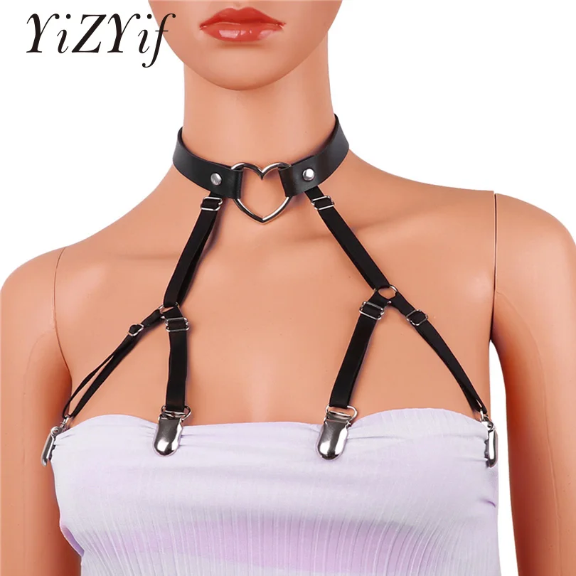 YiZYiF Women Choker Collar Faux Leather Gothic Style Harness Necklace