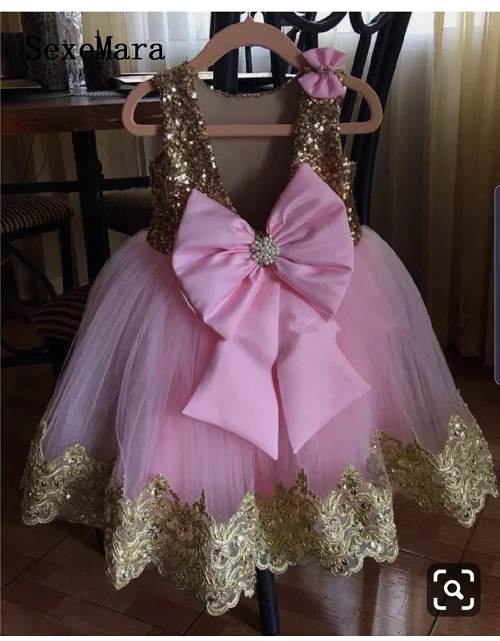 

New Gold Sequins Pink Tulle Little Girls Birthday Party Dress with big Bow Princess Pageant Dress Kids Clothes for Ceremony