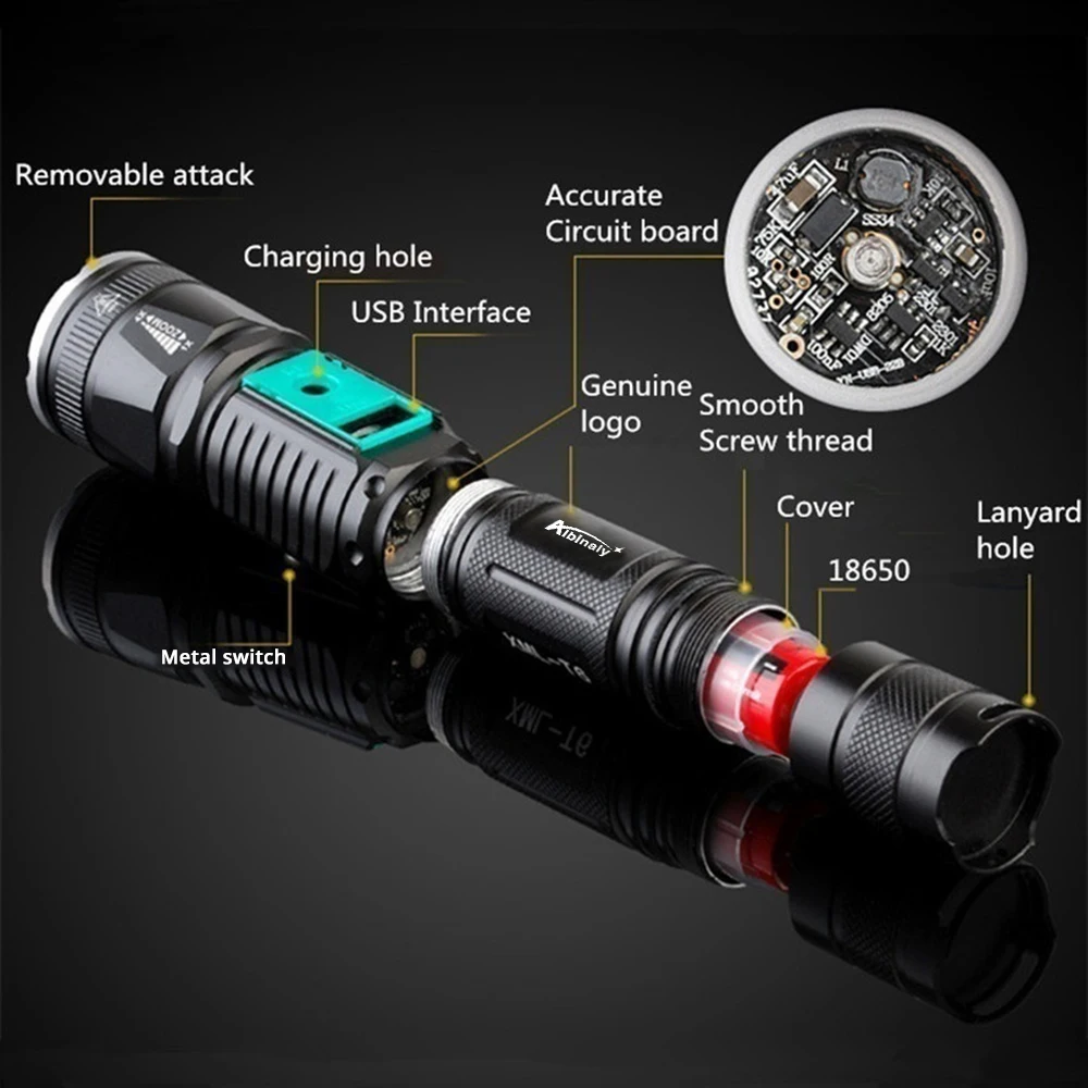 Rechargeable LED flashlight T6 waterproof torch USB interface to charge the phone Zooable 5 lighting modes by 18650