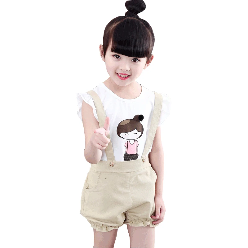 2018 Khaki Pink Girls Sets Cotton T-shirt + Overalls 2 Piece Set Child Clothes Costume Short Sleeves Girl Baby Kids Suits 5cs443 | Детская