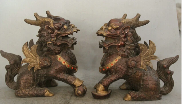 

JP S61 10" China Red Bronze Wealth Animal fly Kylin Chi-lin Qilin sculpture Statue Pair B0403