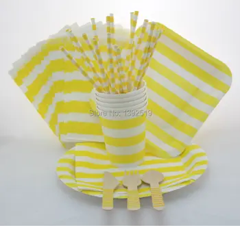 

Wholesale 50sets/ 356pcs Birthry Party Decoration Tableware Yellow Striped Design Paper Straw Cup Plate Napkin Spoon Fork Knife