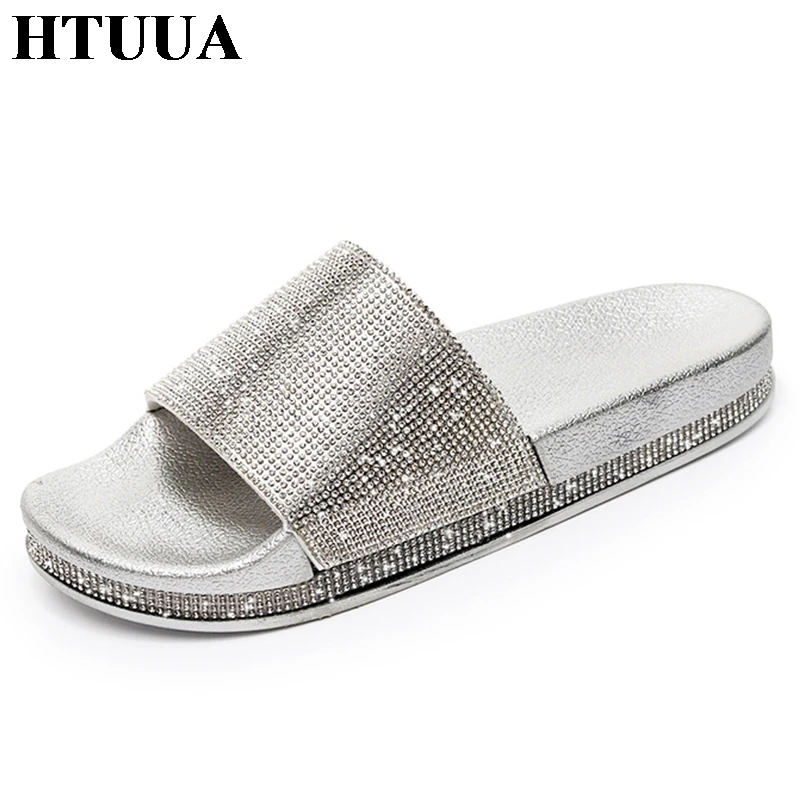 

HTUUA Rhinestone Women Slippers Fashion Crystal Bling Flats Slip On Slides Summer Flip Flops Beach Shoes Platform Sandals SX1332