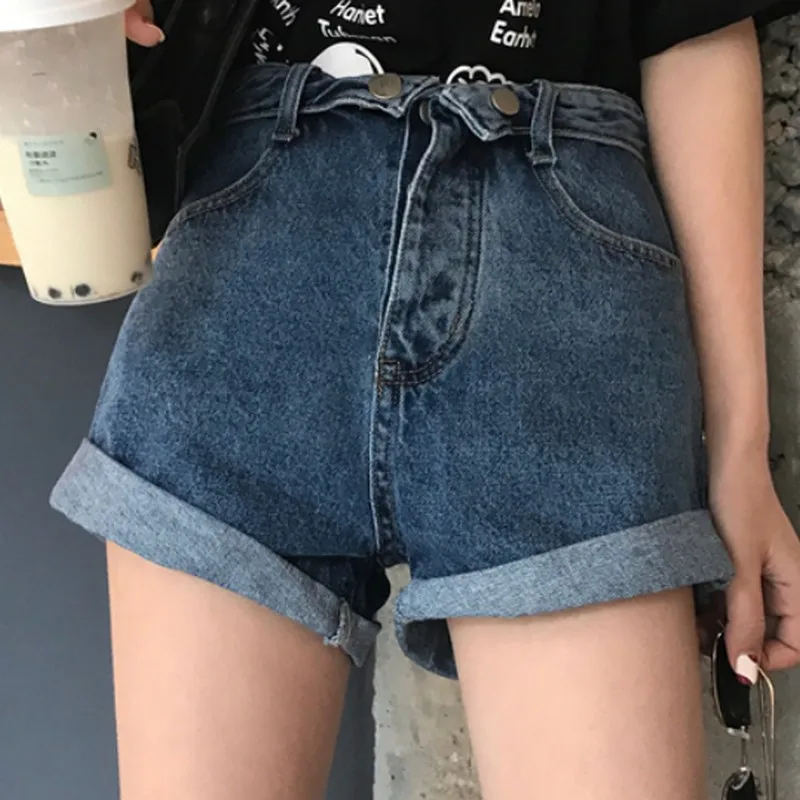 

2019 Summer Fashionable Women Washed Curled High Waist Denim Shorts Female Solid Color Loose Shorts Jeans Blue Black