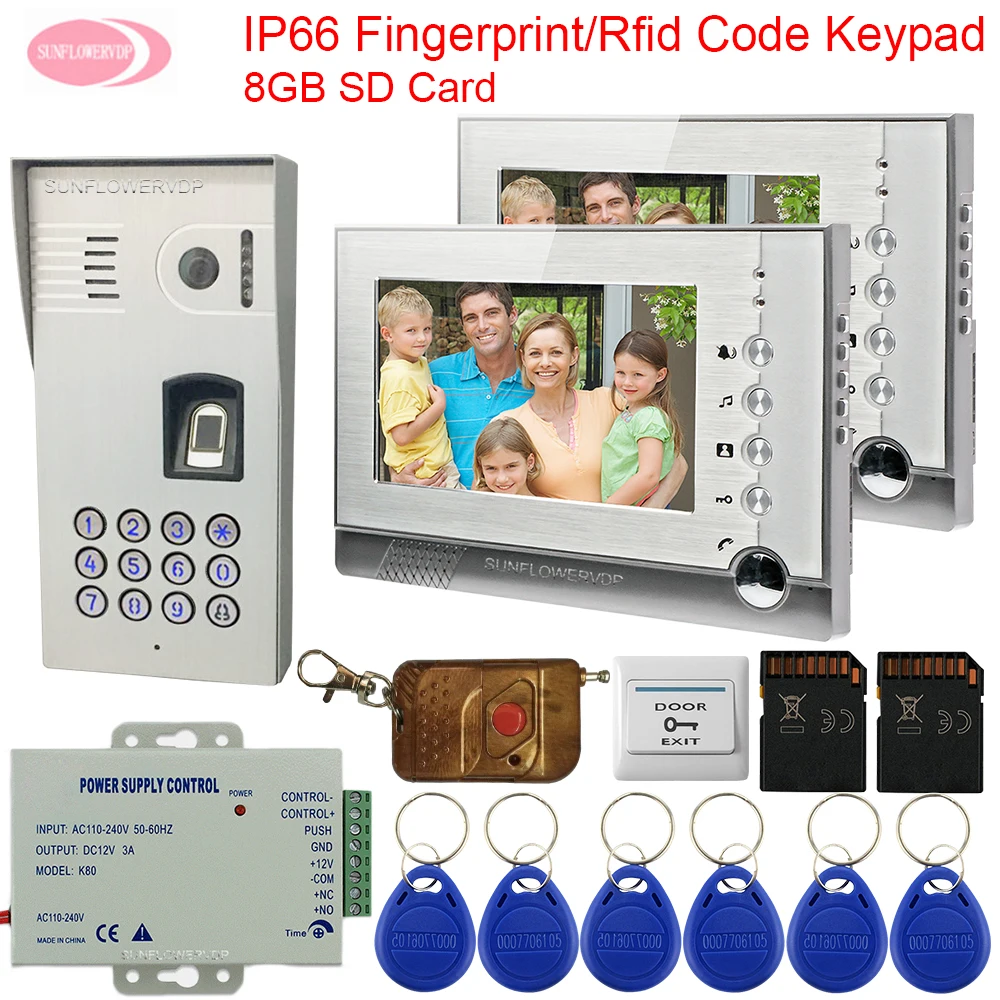 Видеодомофон с записью IP66 водостойкий наружный домофон отпечаток пальца Rfid Клавиатура домофон для частного дома + 8 ГБ SD карта