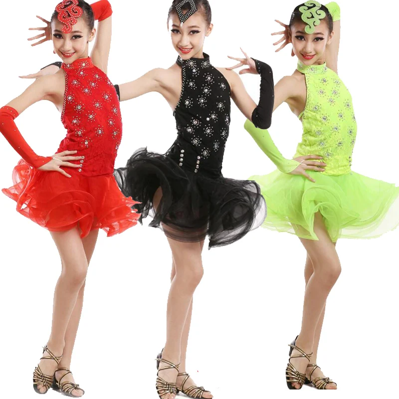 Girls Sequined latin Salsa dancing dress Kids fringe costumes Suits
