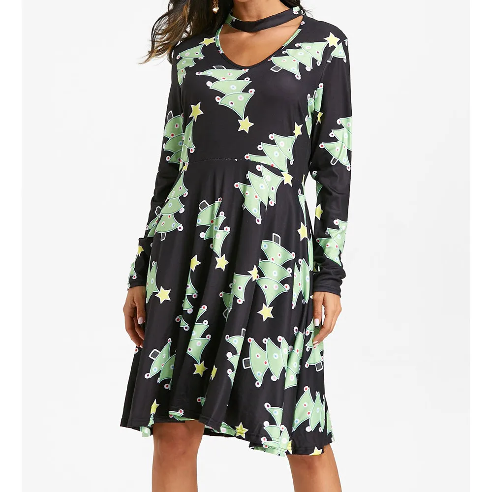 

Women Long Sleeve Dress Round Neck Female Christmas Print Mini Ladies Clothing Evening Wear Dresses vestido de fiestas largos