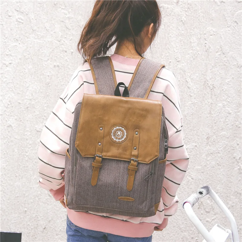 Grey luxury canvas travel backpack women leather canvas backpack fashion women backpack canvas ...