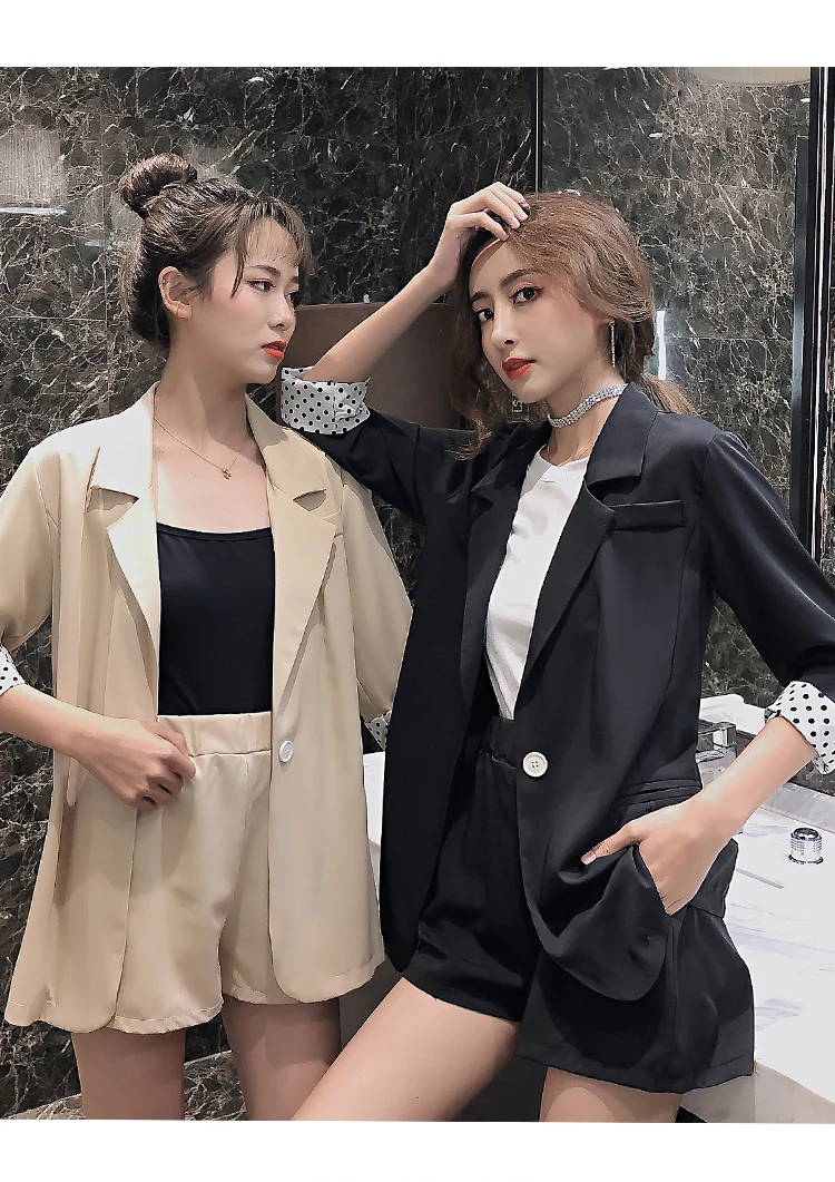 2019 корейский стиль керлинг волна длинный рукав шифон костюм куртка Женская высокая талия повседневные шорты из двух частей
