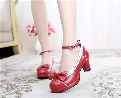 Красивая обувь Mary Jane в японском стиле для девочек; обувь Лолиты, косплей; милые кожаные туфли на высоком каблуке, с бантом - Цвет: Красный
