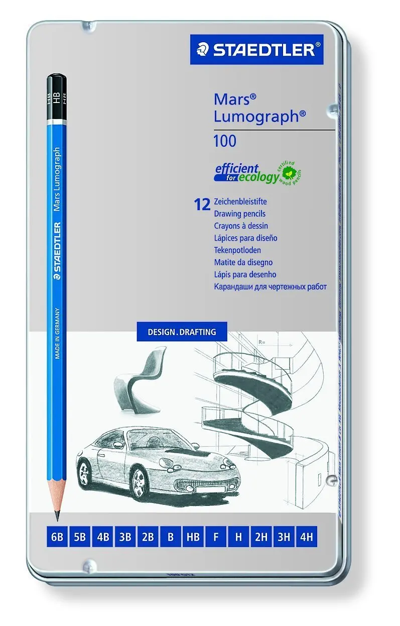 Staedtler Lumograph графит рисуйте наброски карандаши 100 G12 12 градусов 6B, 5B, 4B, 3B, 2B B пижамы для малыша, HB, F, CMS свободное программное обеспечение, H, 2 H, для возраста 3, 4 часа в жестяные коробочки