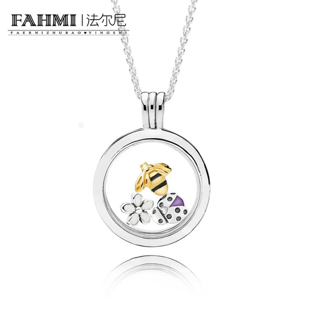 

FAHMI 100% 925 Sterling Silver 1:1 Genuine Magical Meadow Locket Necklace Set Shine And Mixed Enamel Floating Box Set