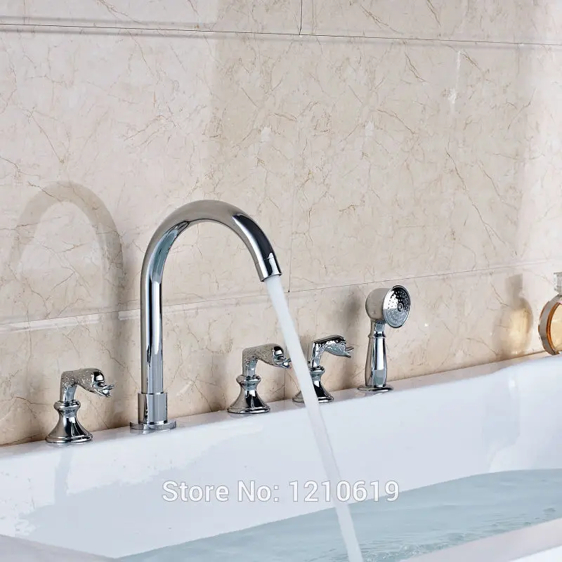 

Newly Chrome Finish Bathtub Faucet Set Mixer Tap Three Handles Deck Mount Tub Faucet w/ Hand Sprayer