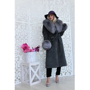 

2019 BFFUR Wool Blends Women Real Fur Coat Winter Warm Long Coats With Pockets Women's Park With Fox Fur Trim In Collar Sleeve