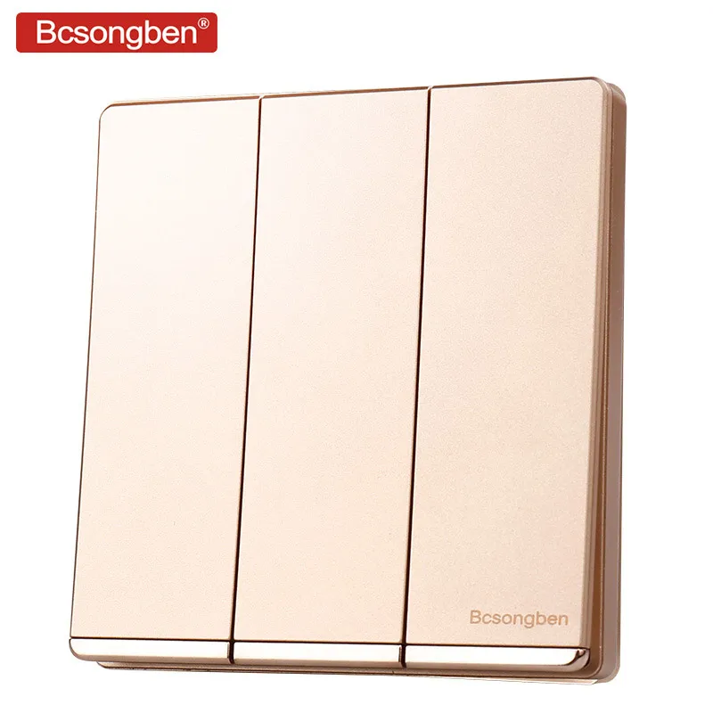 Bcsongben Home switch push button light wall champagne gold Luxury large panel 3 Gang 2 Way Switch AC 110-250V J3-3K2 | Обустройство