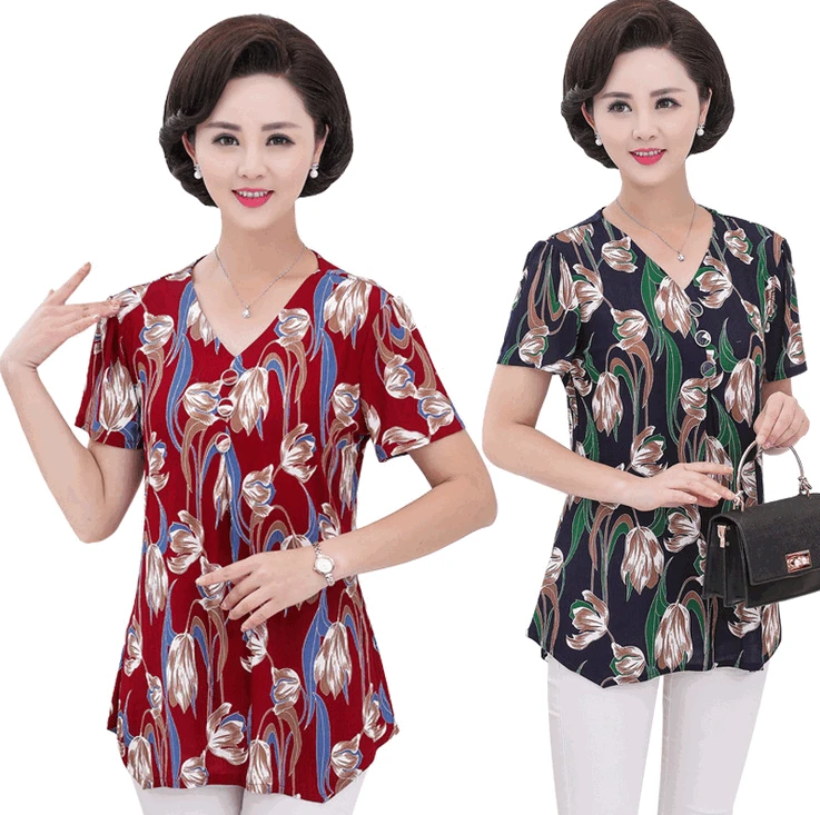 

casual plus size summer short sleeve t-shirts for 5XL women camiseta middle age mother v-neck printed top bottoming shirt