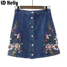 2017 Women Vingate Floral Embroidery Denim Skirts Female Sweet Single Breasted Mini A Line Jeans Woman