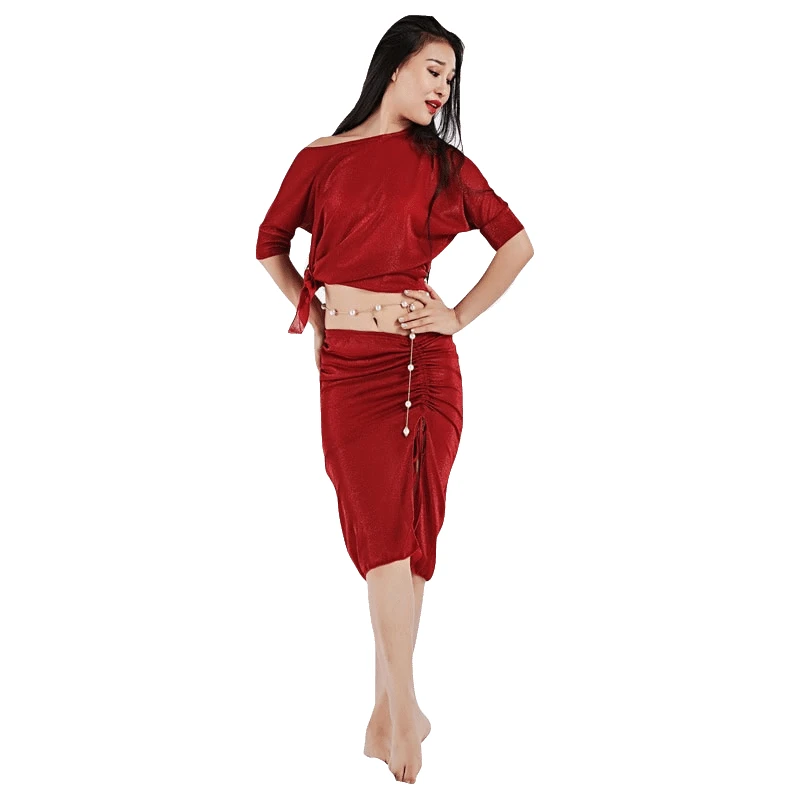 

Plus Size Women Dance Wear Girls Belly Dance Costume Mini Skirt Side Slit Outfit Elastic Sparkles Off-shoulder Set Top & Skirt