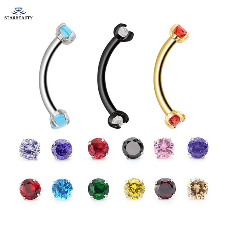Австрийский Цирконий драгоценный камень 1,2*8/10 мм пирсинг бровей Серьги Изогнутые Штанги бананы мяч Титан сплав ювелирные изделия для пирсинга
