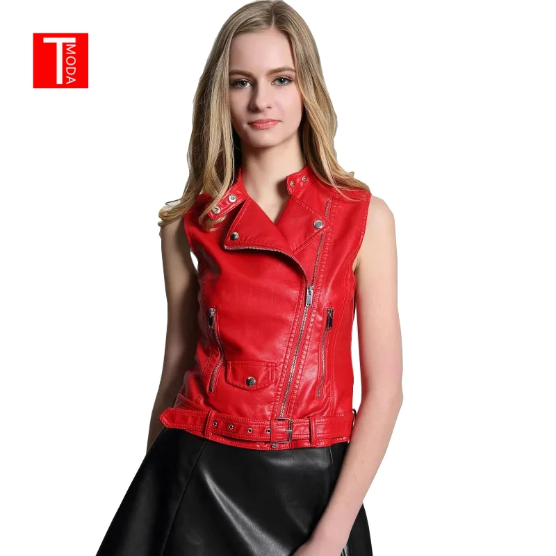 

2018 New Fashion Women Spring Autunm Red Faux Leather Vest Jackets Lady Bomber Motorcycle Cool Outerwear Coat with Belt
