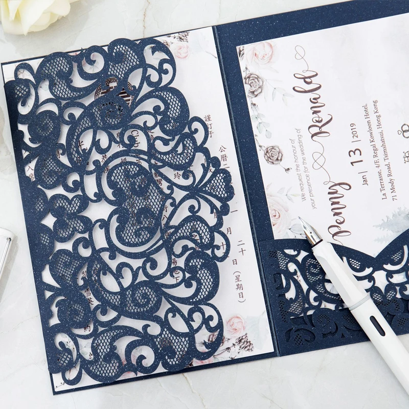  100set lot Printing Laser Cutting Invite card Anniversary Graduation Birthday Party invitation wedd - 32992261649