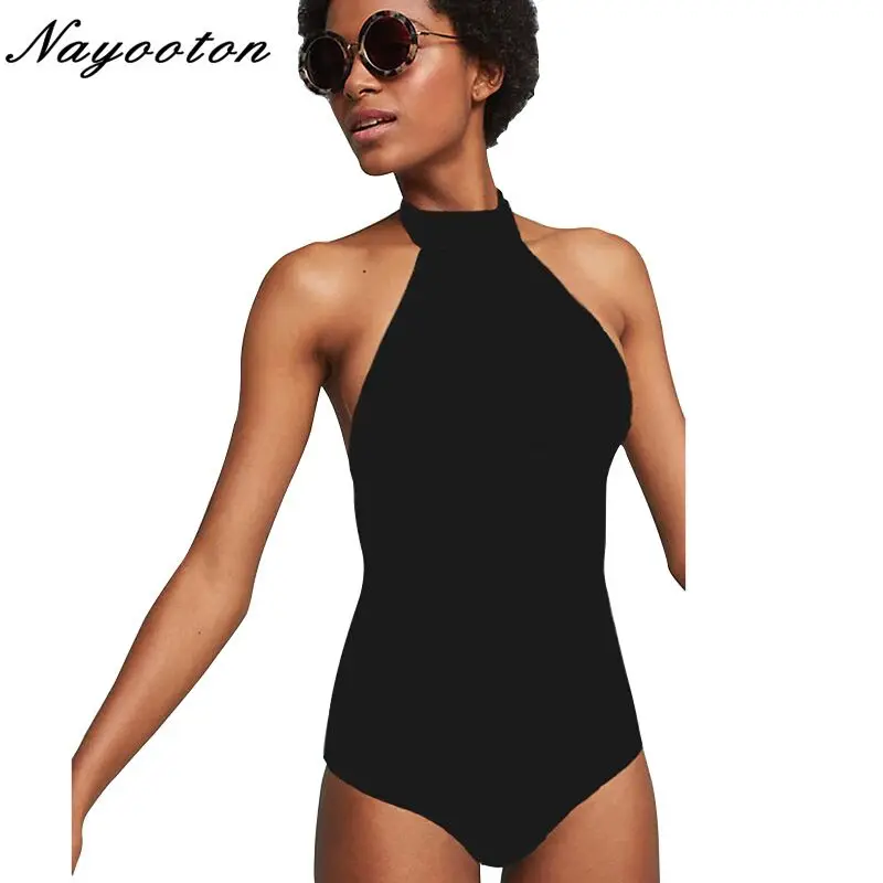 Günstige 2019 Sexy High neck Bademode Frauen Halter Strand Gestreiften Badeanzug badeanzug monokini
