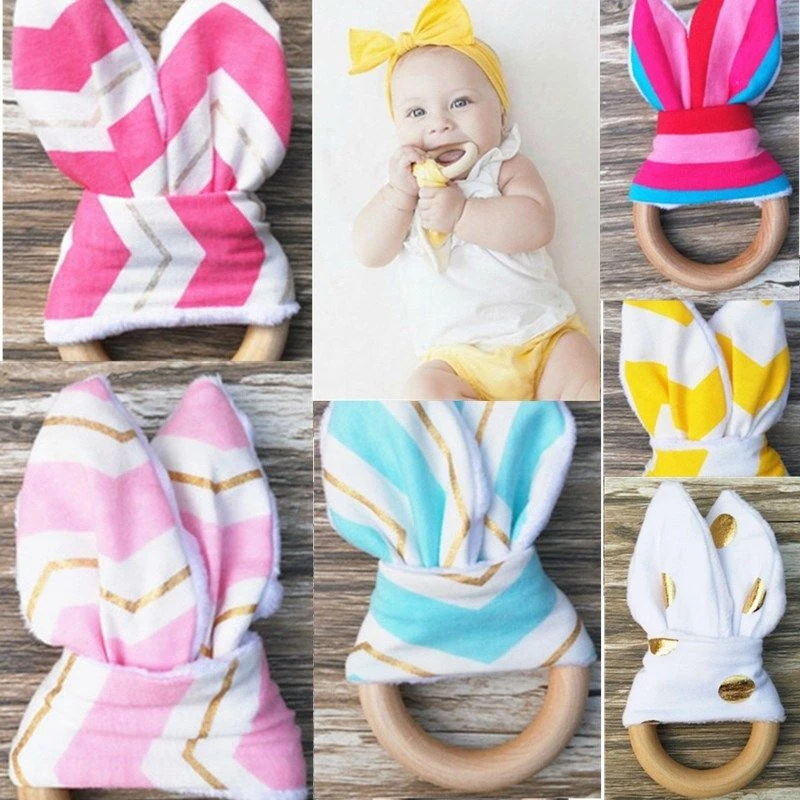 

CE Eco-friendly Safety Wooden Natural Baby Teething Ring Chewie Cute Teether Training Bunny Sensory Toy Baby Teethers