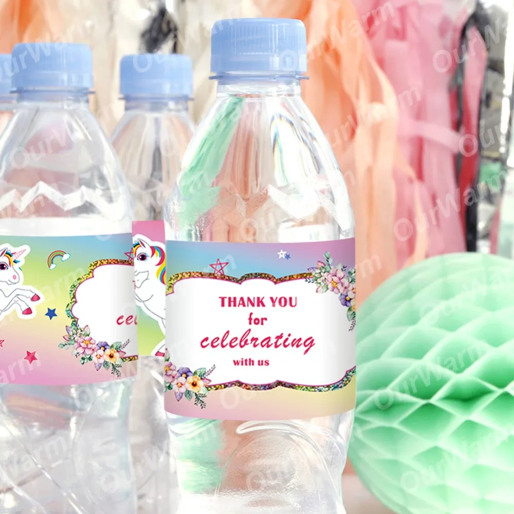 OurWarm Unicorn Party Accessories 12pcs Paper Water Bottle Sticker Unicorn Birthday Party Decoartion Kids Baby Shower Supply