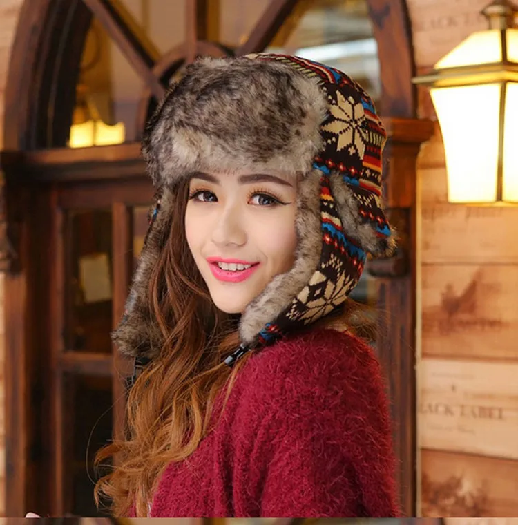 Woman Winter Bomber Hats Women Men Ear Flap Earflap Hats Snowflake