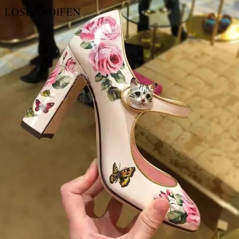 

LOSLANDIFEN 2018 New arrive party wedding shoes women rose floral printing pumps round toe chunky high heels sweet Mary Janes