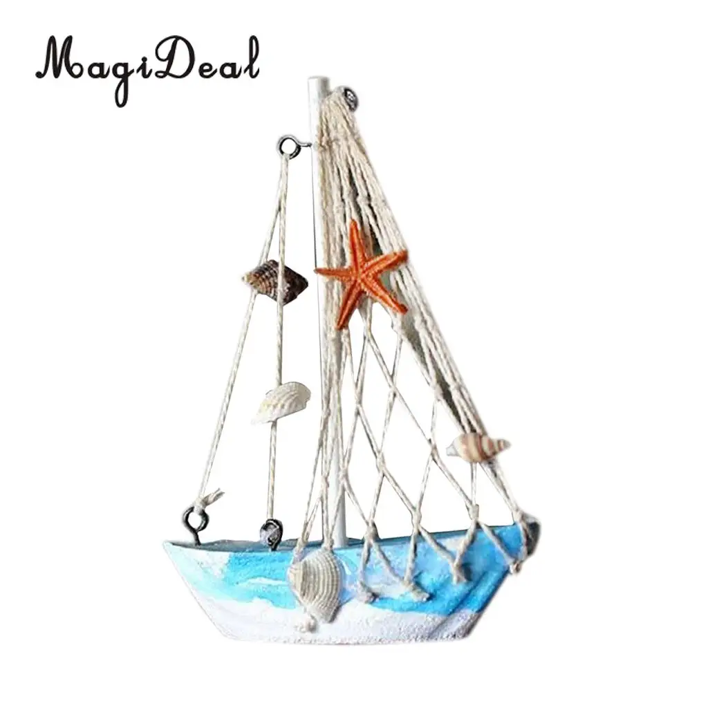 2pcs Vintage Mediterranean Style Marine Nautical Wooden Blue Sailing Boat Ship Wood Crafts Ornaments Party Home Room Decoration