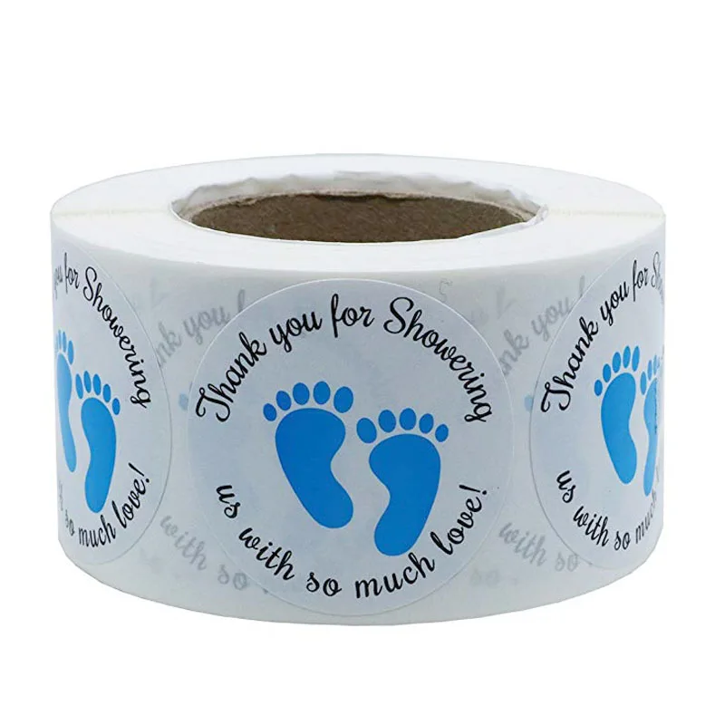 

500Pcs 1 Inch Round Baby Shower Stickers, Thank You for Showering Us with So Much Love Blue Foot Print stationery stickers