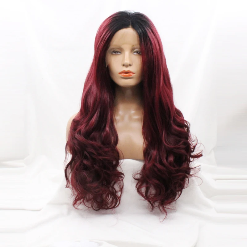 DLME Body Wave Lace Front Wig Synthetic Hair Women Daily Costume Full Head Wigs Lady Ombre Black to Wine Red Free Shipping body-wave