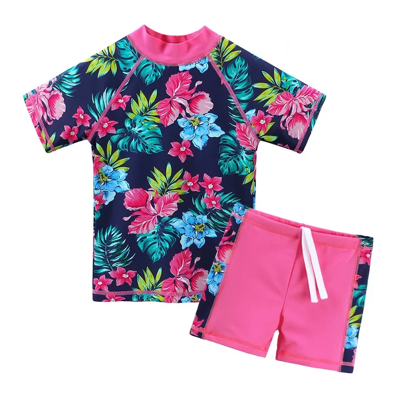 BAOHULU/купальный костюм с короткими рукавами и принтом для девочек, детский купальный костюм с защитой от УФ-лучей, 50+, детский пляжный купальный костюм из двух предметов - Цвет: S200 Navy flower