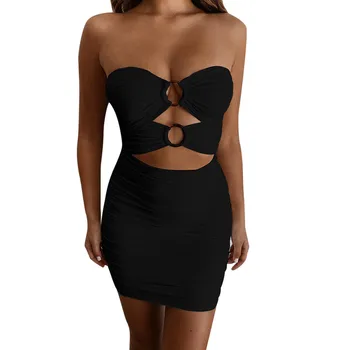 

KLV 2019 Women's Sexy Solid Slim Package Mini Club Party fold Hollowing out Gown Dress free shipping D4