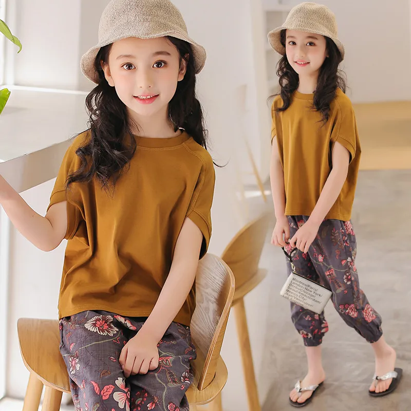

Summer Girl Cloth 2pcs Set Round Neck Short Sleeve Solid T-Shirt + Flower Print Pants Pretty Leisure Outfits Set 6 8 10 Year Kid
