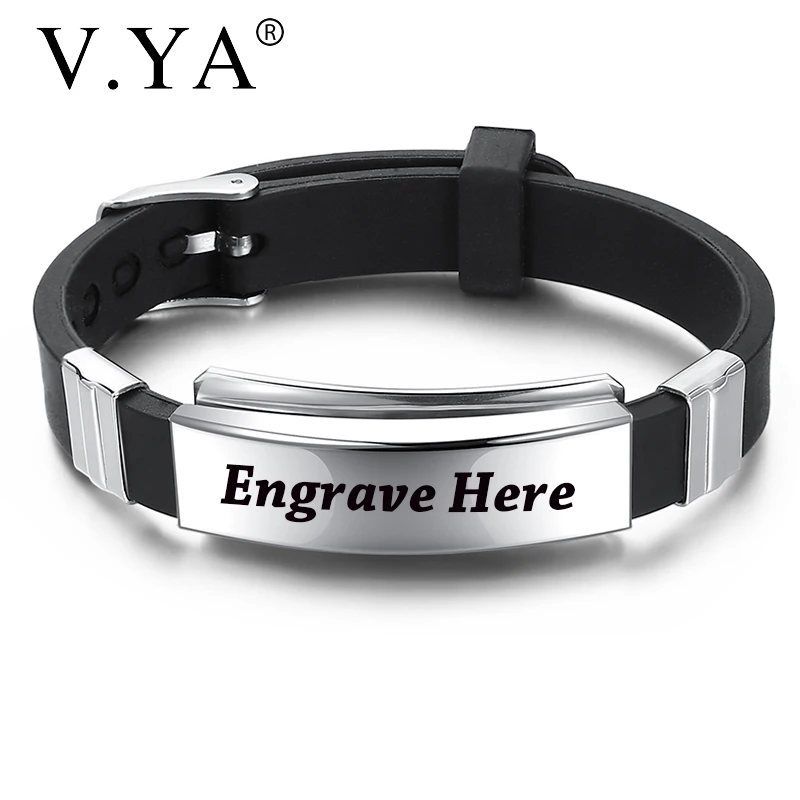 

V.YA New Simple Engraved Silicone Bracelets For Male Punk Personalized Name Stainless Steel Engraved Black Bangle For Men Gift