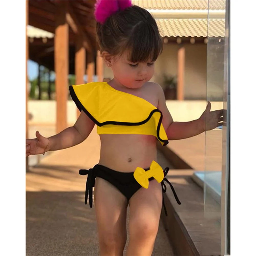 Loozykit/комплект из 2 предметов для маленьких девочек с открытыми плечами, комплект бикини с бантом, купальный костюм, купальный костюм пляжный купальный костюм, одежда для От 2 до 8 лет - Цвет: Yellow 120cm (5-6Y)