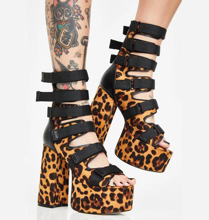

Womens Ankle Belt Buckle Sandals Platform Leopard Stone Zebra Pattern Block High Heel Roman Cut Out Shoes 3Colors Plus Size A443