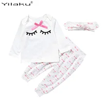 Yilaku/комплект летней одежды для новорожденных девочек, одежда для малышей с принтом ресниц и галстуком-бабочкой, комплект для девочек, топы+ штаны+ повязка на голову, комплекты из 3 предметов, FF223