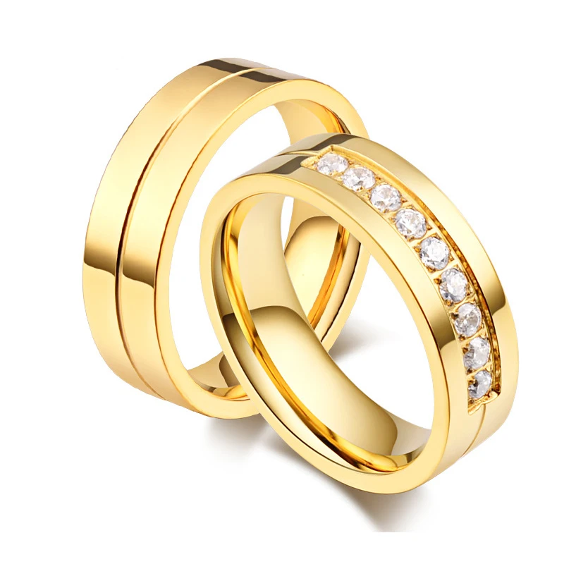 1 Pair Lover's Gold Color Engagement Ring with 9 CZ for Ladies 6mm
