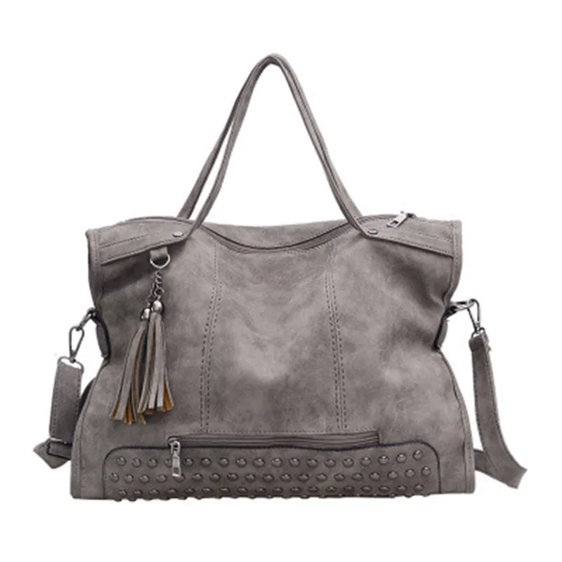 

Rivet Vintage PU Leather Female Handbag Fashion Tassel Messenger Bag Women Shoulder Bag Larger Top-Handle Travel Bag