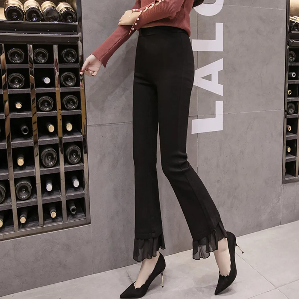 Large size pants Elastic flare female 2019 summer casual wild chiffon stitching high waist thin thin section micro bell pants Large size pants Elastic flare female 2019 summer casual wild chiffon stitching high waist thin thin section micro bell pants