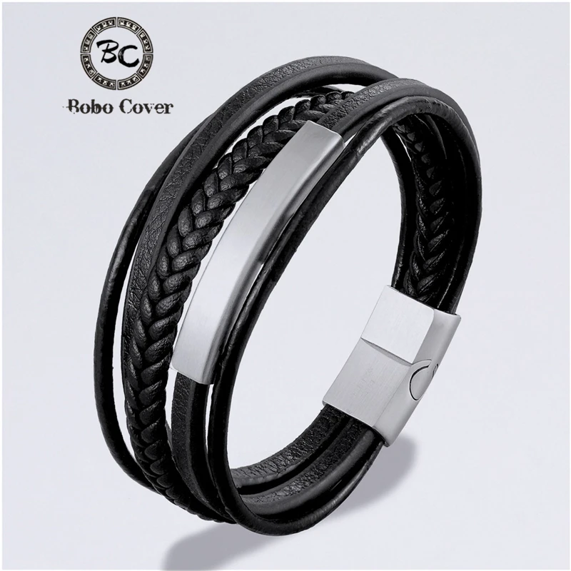 

Charm Multi-layer Braid Genuine leather Wrap Bracelets Men Custom Stainless Steel ID bracelet Women Handmade Jewelry Wholesale