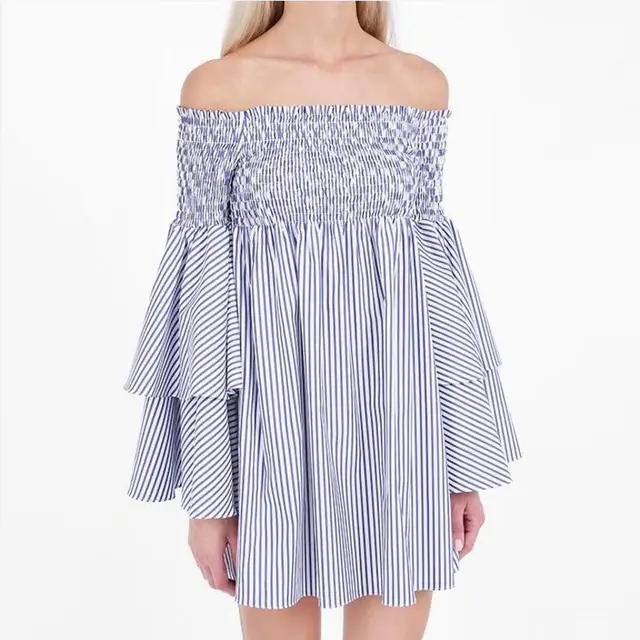 2018 New women off shoulder flare sleeve wrap chest dress blue stripe sexy dress spring summer