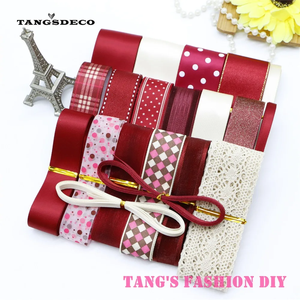 

new style!High Quality dark red color mix ribbon set/wine red ribbon sets DIY ribbon set total 24 yards